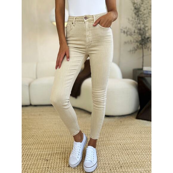 Judy Blue High Rise Waist Garment Dyed Tummy Control Skinny Denim Jeans | Bone - Picture 4 of 6